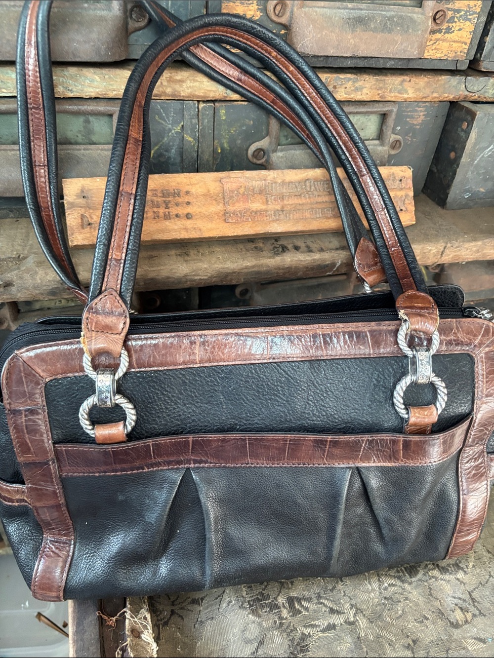 Brighton Mock Croc large Black Brown Leather Purse Doctor Style Bag Silver Trim - Picture 9 of 15